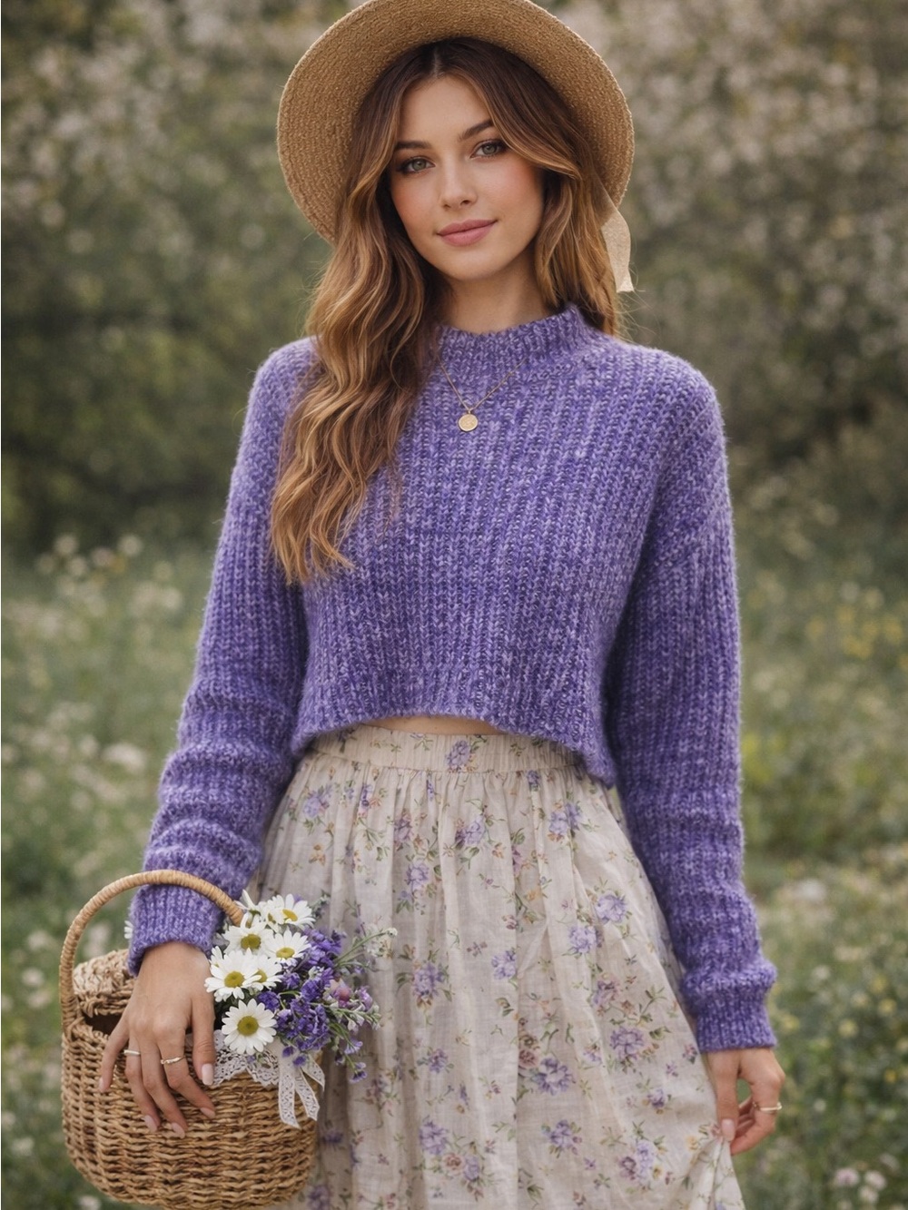 Sincerely Jules Violet Cottagecore Soft Mock Neck Crop Sweater Size M
